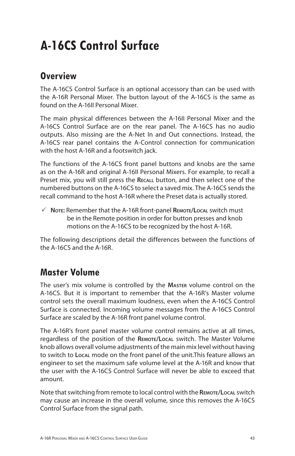 A-16cs control surface, Overview, Master volume | Overview master volume | Aviom A-16R/A-16CS User Manual | Page 52 / 98