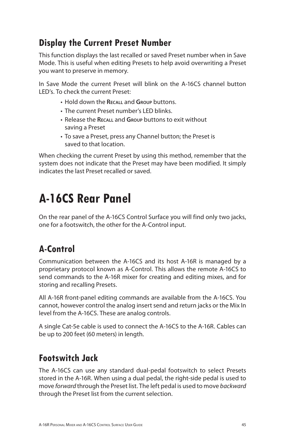 Display the current preset number, A-16cs rear panel, A-control | Footswitch jack, A‑control footswitch jack | Aviom A-16R/A-16CS User Manual | Page 54 / 98