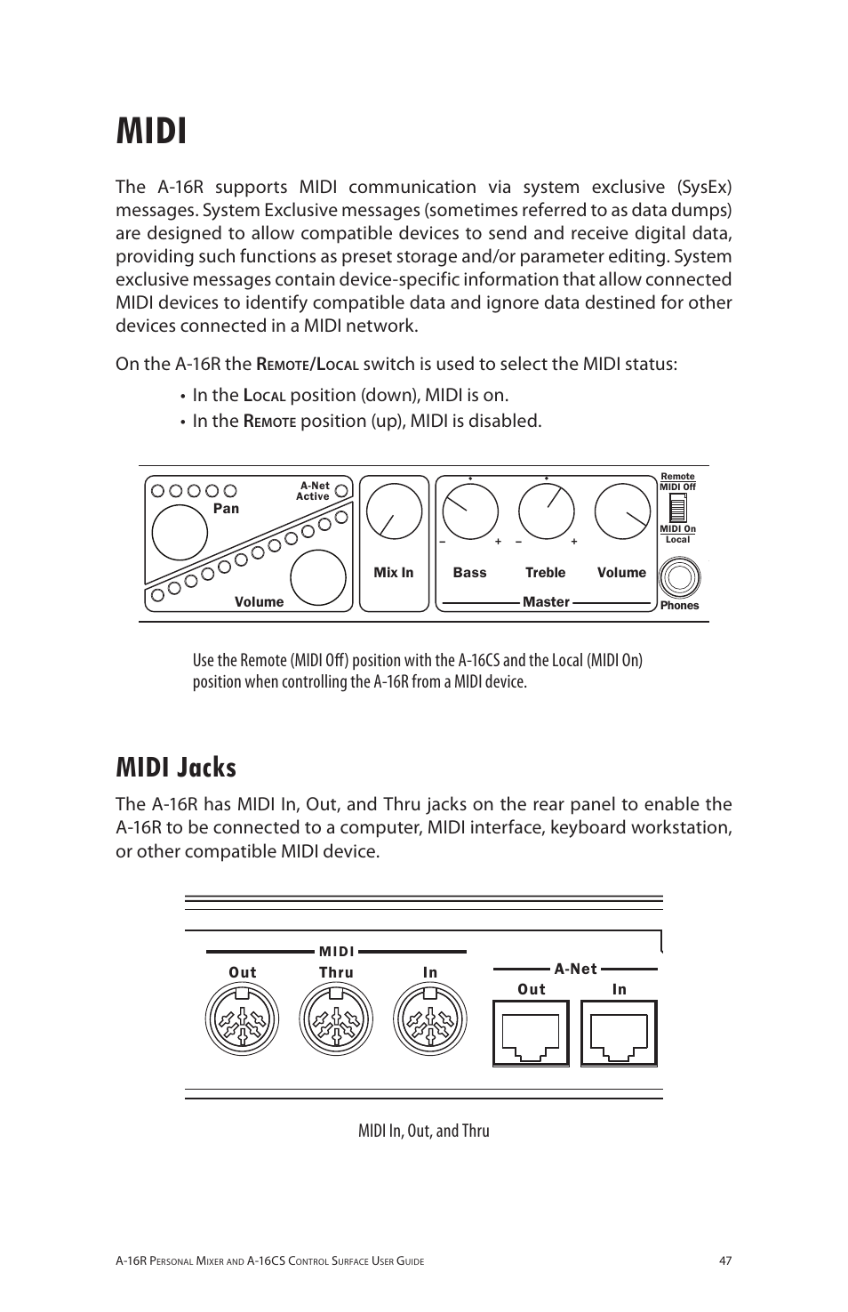 Midi, Midi jacks, Aa 6rr | Position (down), midi is on. in the • r, Position (up), midi is disabled, Midi in, out, and thru | Aviom A-16R/A-16CS User Manual | Page 56 / 98