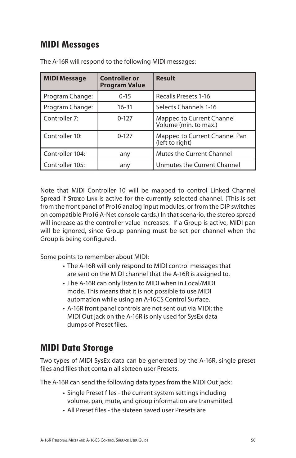 Midi messages, Midi data storage, Midi messages midi data storage | Aviom A-16R/A-16CS User Manual | Page 59 / 98