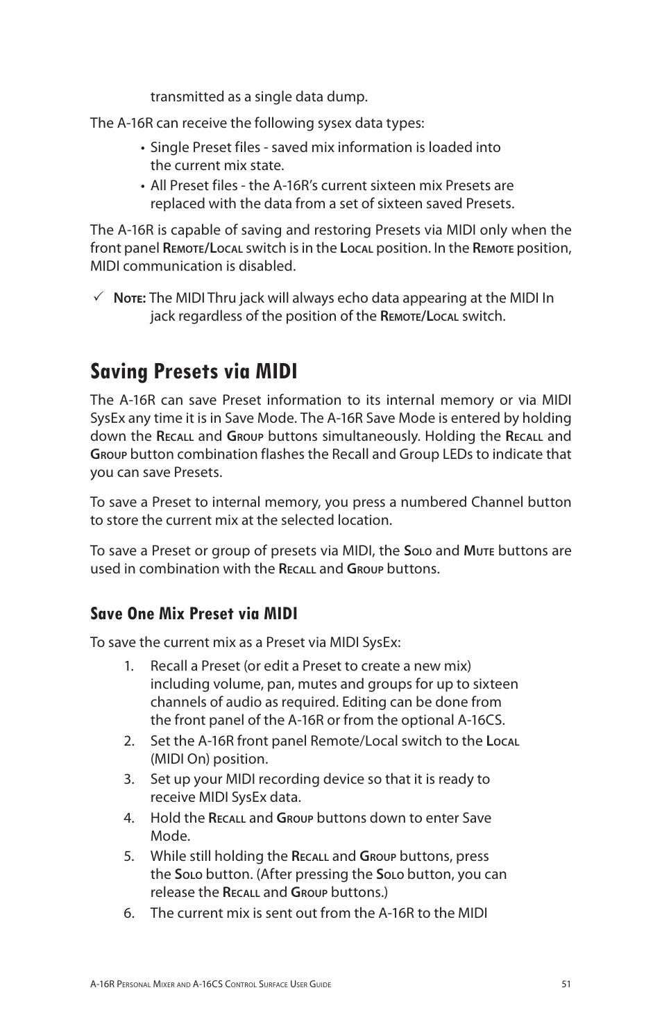 Saving presets via midi, Save one mix preset via midi | Aviom A-16R/A-16CS User Manual | Page 60 / 98