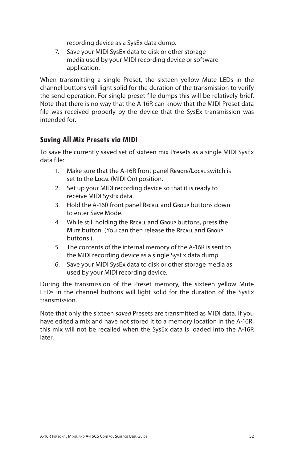 Saving all mix presets via midi | Aviom A-16R/A-16CS User Manual | Page 61 / 98