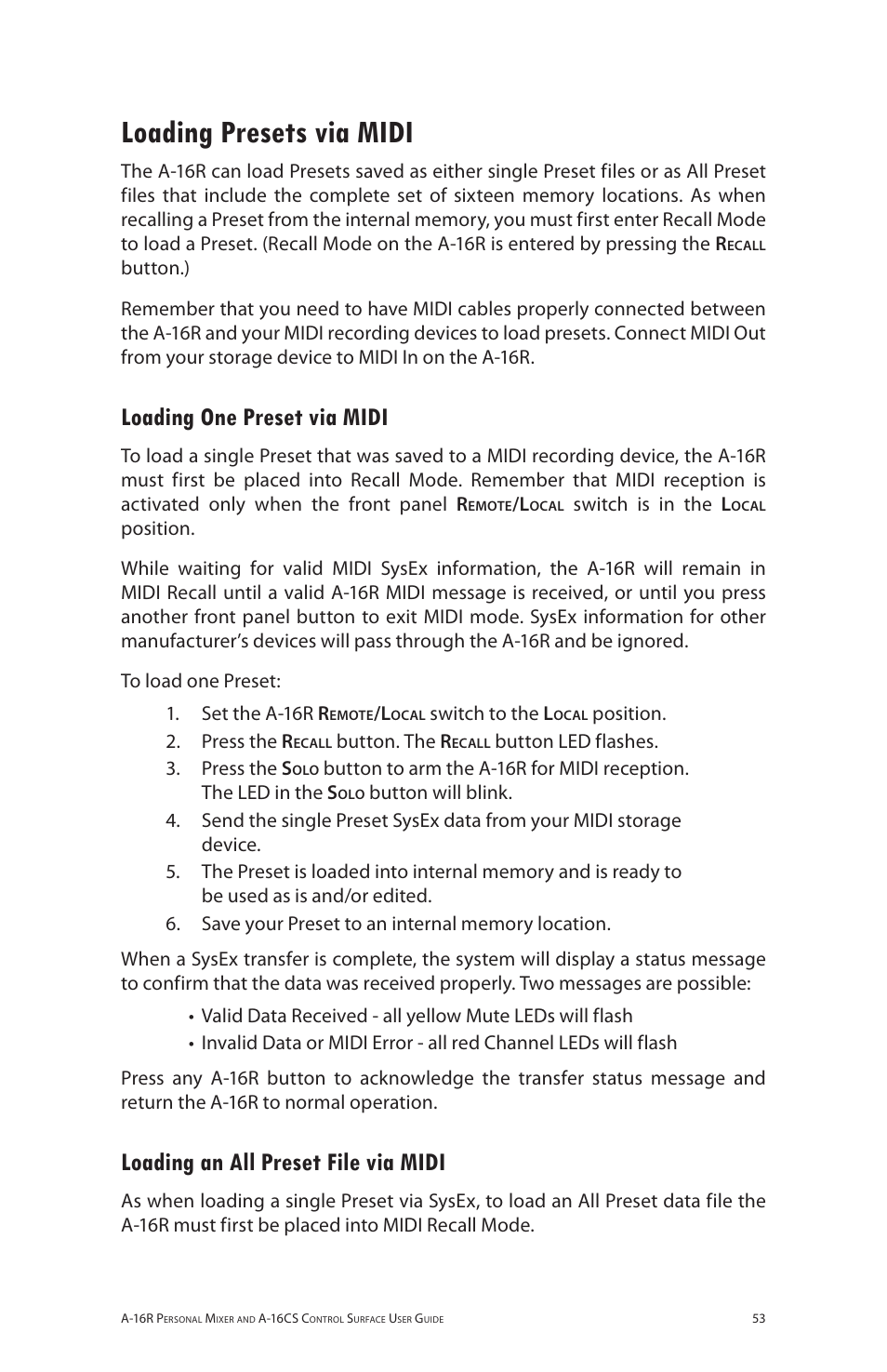 Loading presets via midi, Loading one preset via midi, Loading an all preset file via midi | Aviom A-16R/A-16CS User Manual | Page 62 / 98