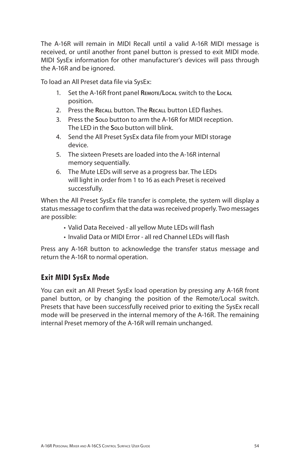 Exit midi sysex mode | Aviom A-16R/A-16CS User Manual | Page 63 / 98
