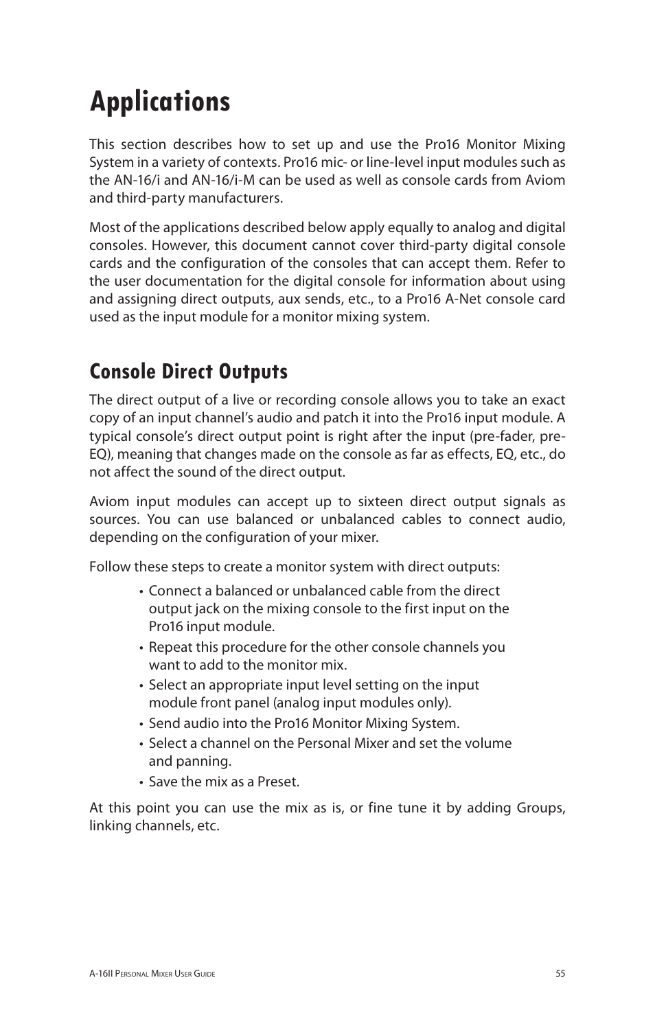 Applications, Console direct outputs | Aviom A-16R/A-16CS User Manual | Page 64 / 98