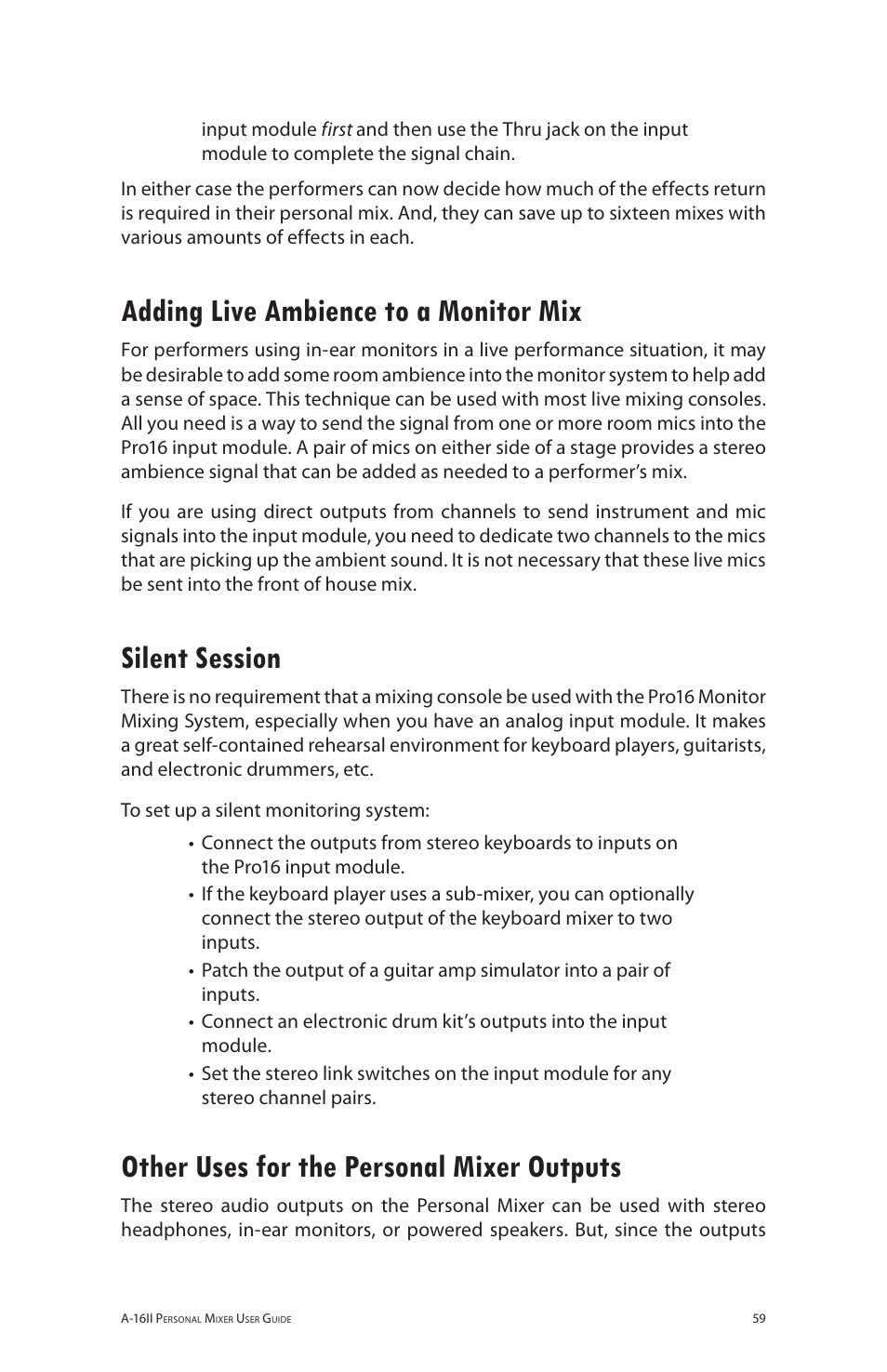 Adding live ambience to a monitor mix, Silent session, Other uses for the personal mixer outputs | Aviom A-16R/A-16CS User Manual | Page 68 / 98