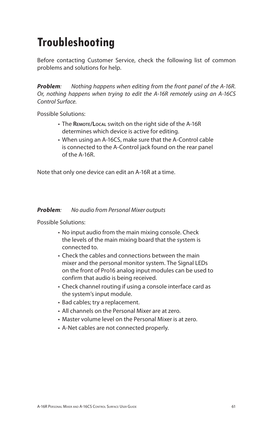 Troubleshooting | Aviom A-16R/A-16CS User Manual | Page 70 / 98
