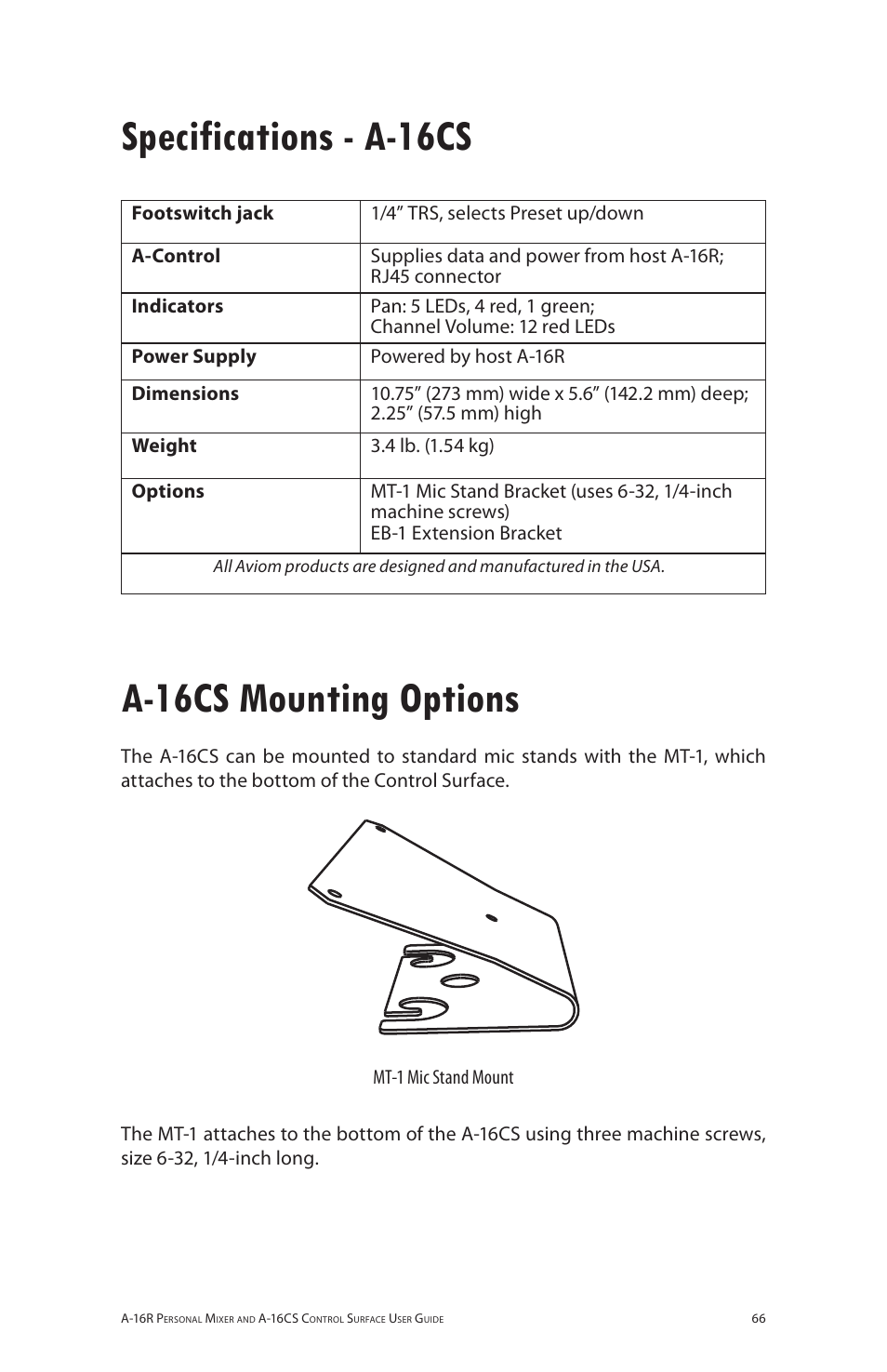 Specifications - a-16cs, A-16cs mounting options, Specifications - a-16cs a-16cs mounting options | Aviom A-16R/A-16CS User Manual | Page 75 / 98