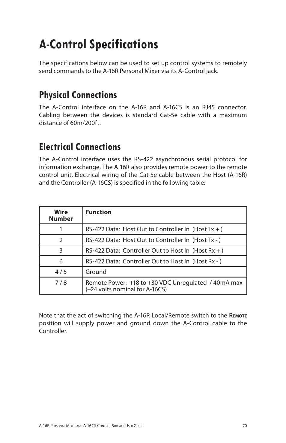 A-control specifications, Physical connections, Electrical connections | Physical connections electrical connections | Aviom A-16R/A-16CS User Manual | Page 79 / 98