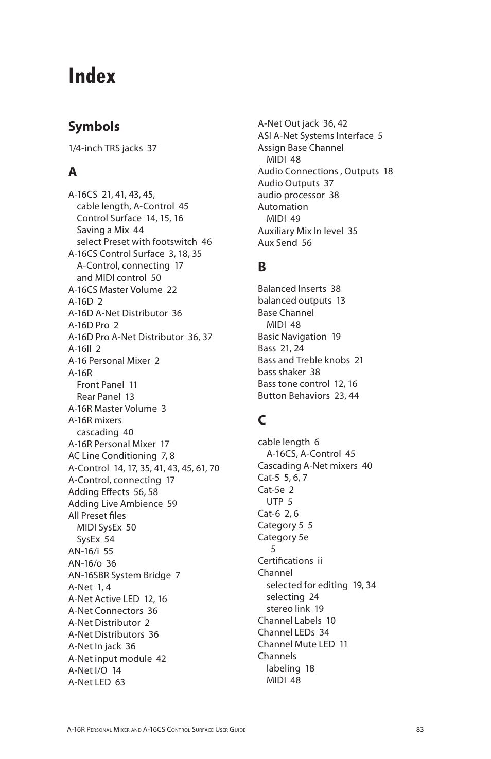 Index, Symbols | Aviom A-16R/A-16CS User Manual | Page 92 / 98