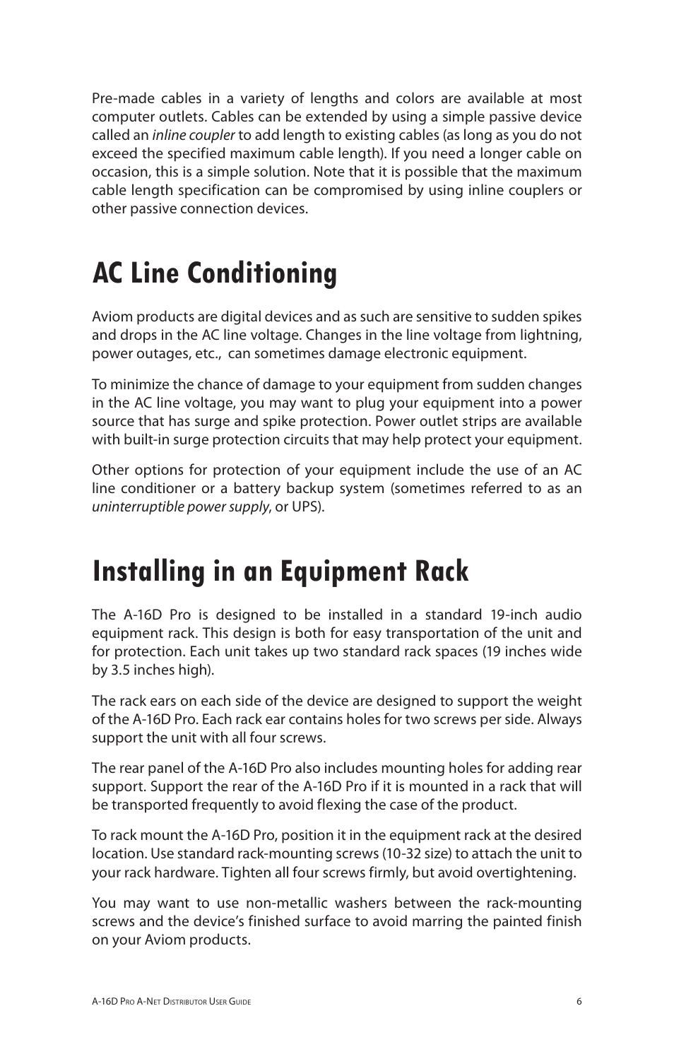 Ac line conditioning, Installing in an equipment rack | Aviom A-16D Pro User Manual | Page 13 / 29
