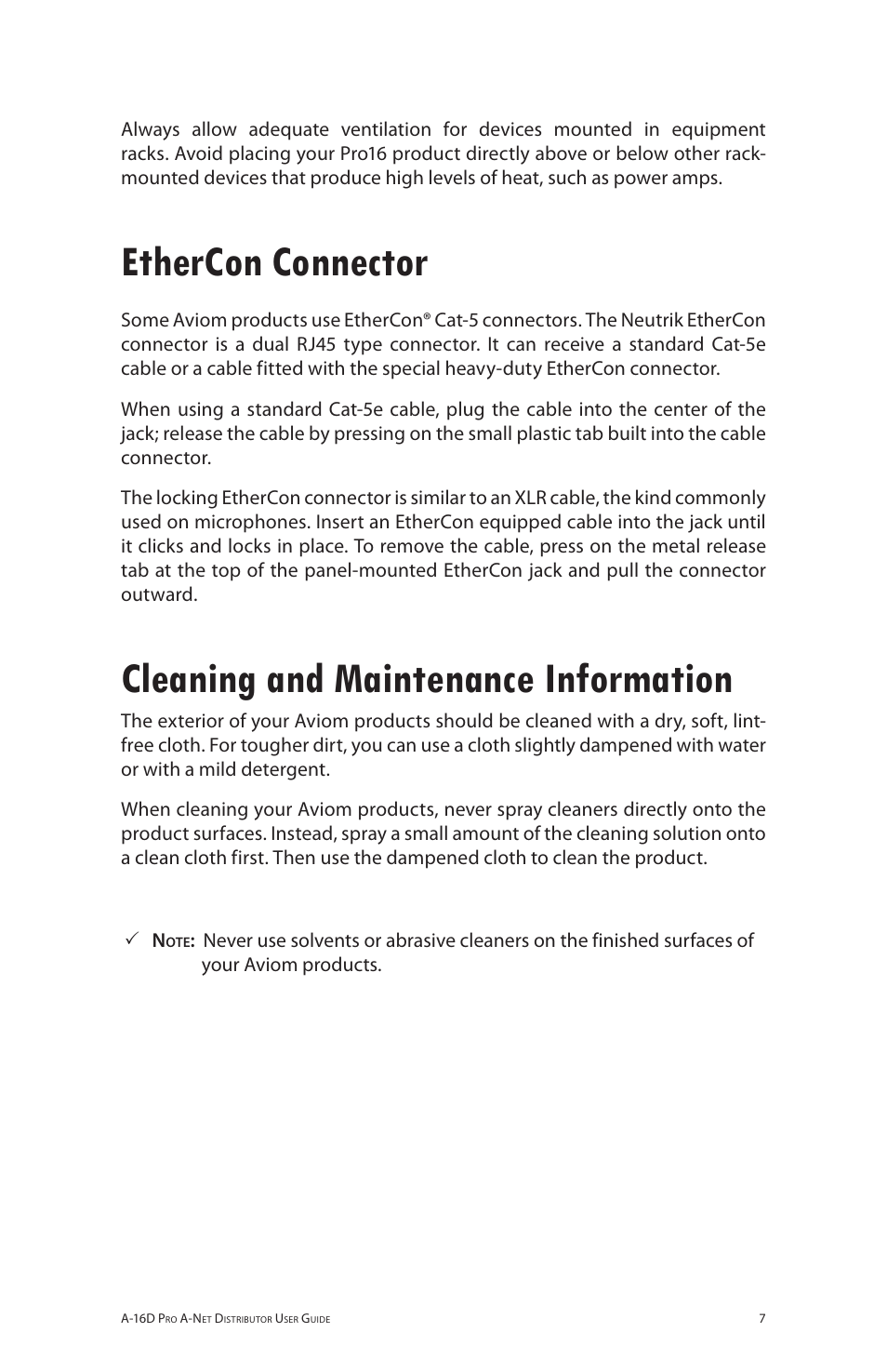 Ethercon connector, Cleaning and maintenance information | Aviom A-16D Pro User Manual | Page 14 / 29