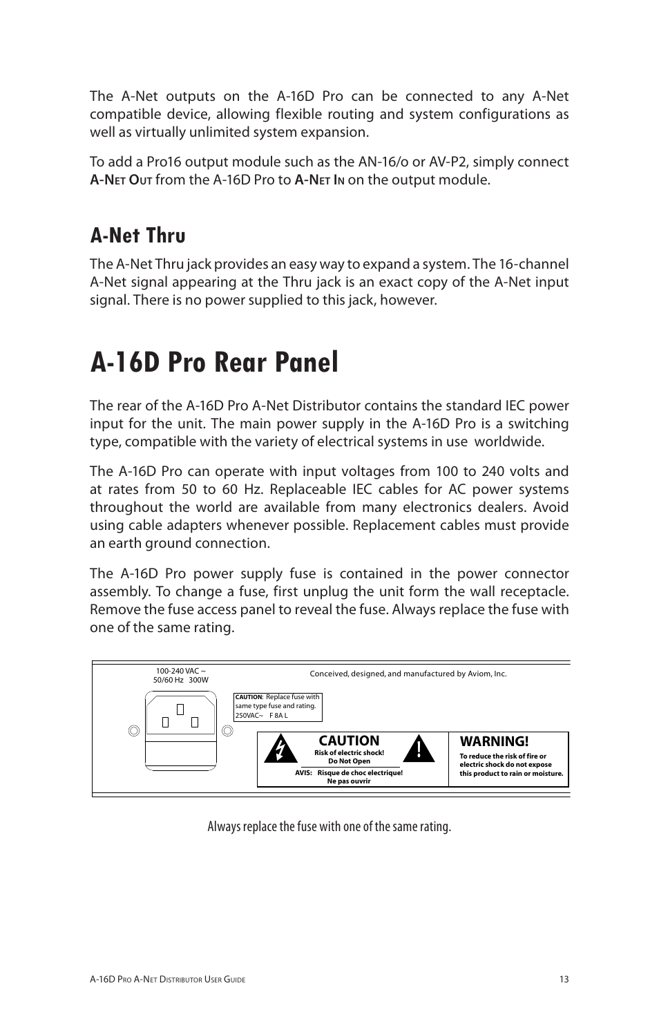 A-net thru, A-16d pro rear panel, A‑net thru | Aviom A-16D Pro User Manual | Page 20 / 29
