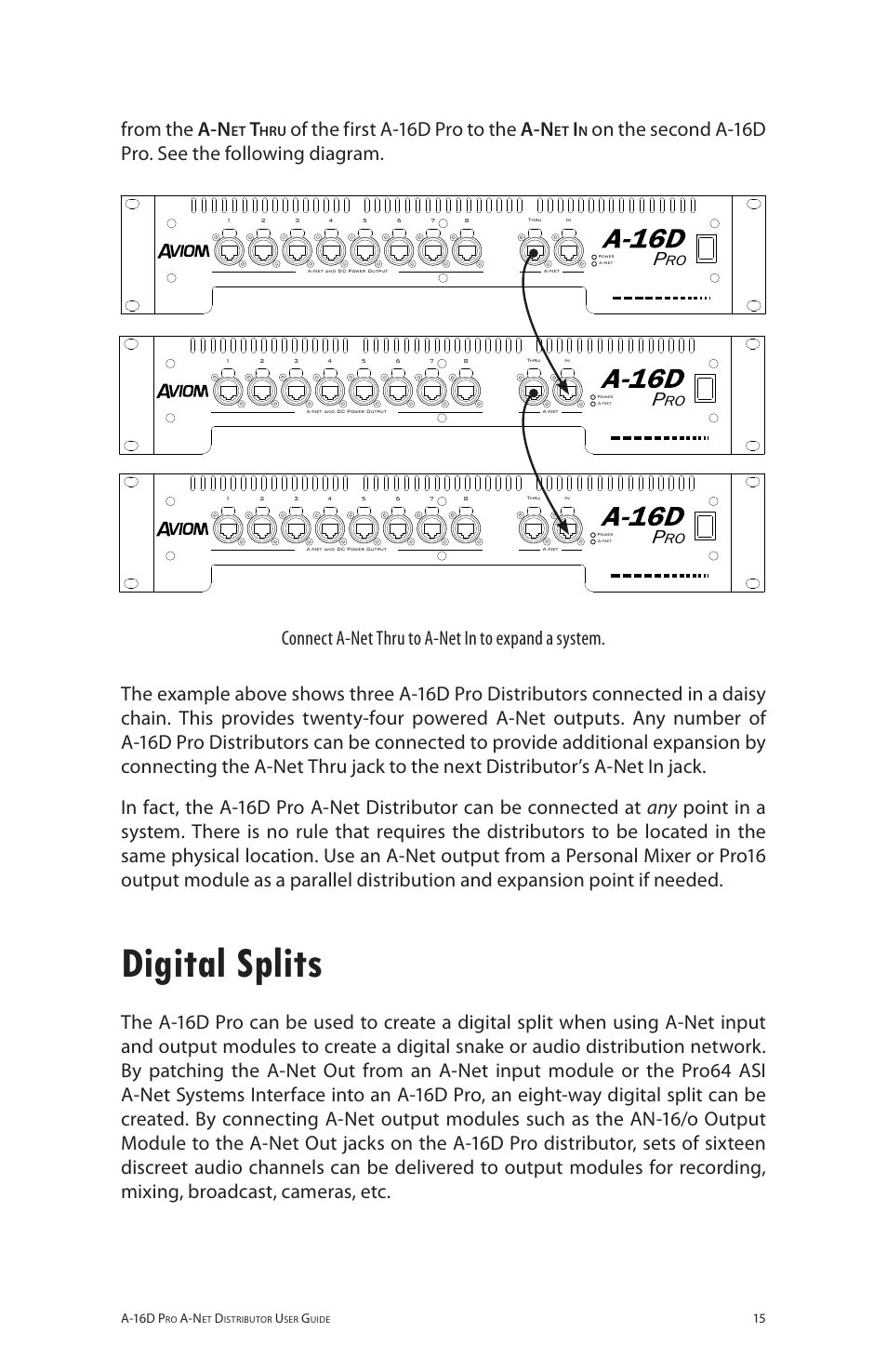 Digital splits, Of the first a‑16d pro to the a-n, On the second a‑16d pro. see the following diagram | Aviom A-16D Pro User Manual | Page 22 / 29