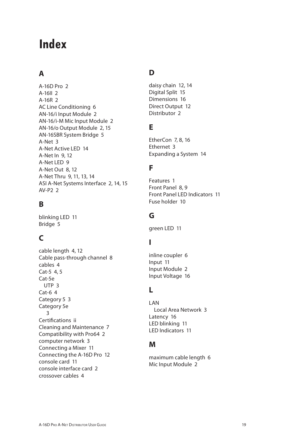 Index | Aviom A-16D Pro User Manual | Page 26 / 29