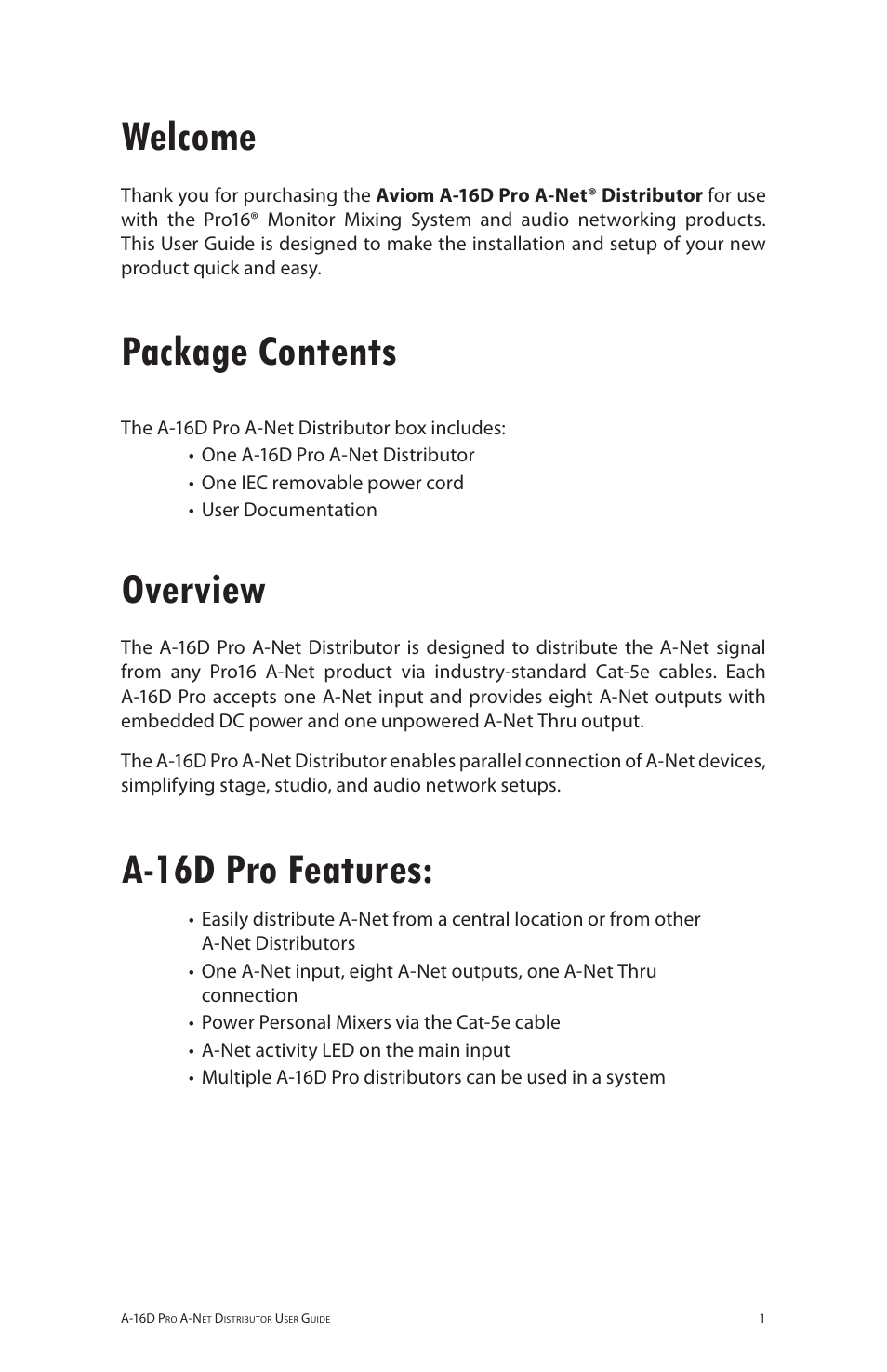 Welcome, Package contents, Overview | A-16d pro features | Aviom A-16D Pro User Manual | Page 8 / 29