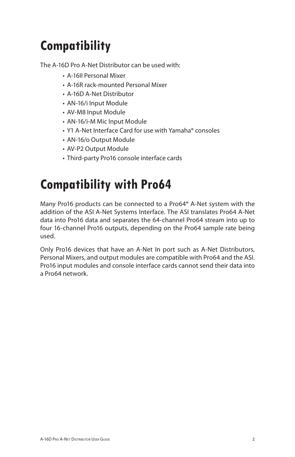 Compatibility, Compatibility with pro64, Compatibility compatibility with pro64 | Aviom A-16D Pro User Manual | Page 9 / 29