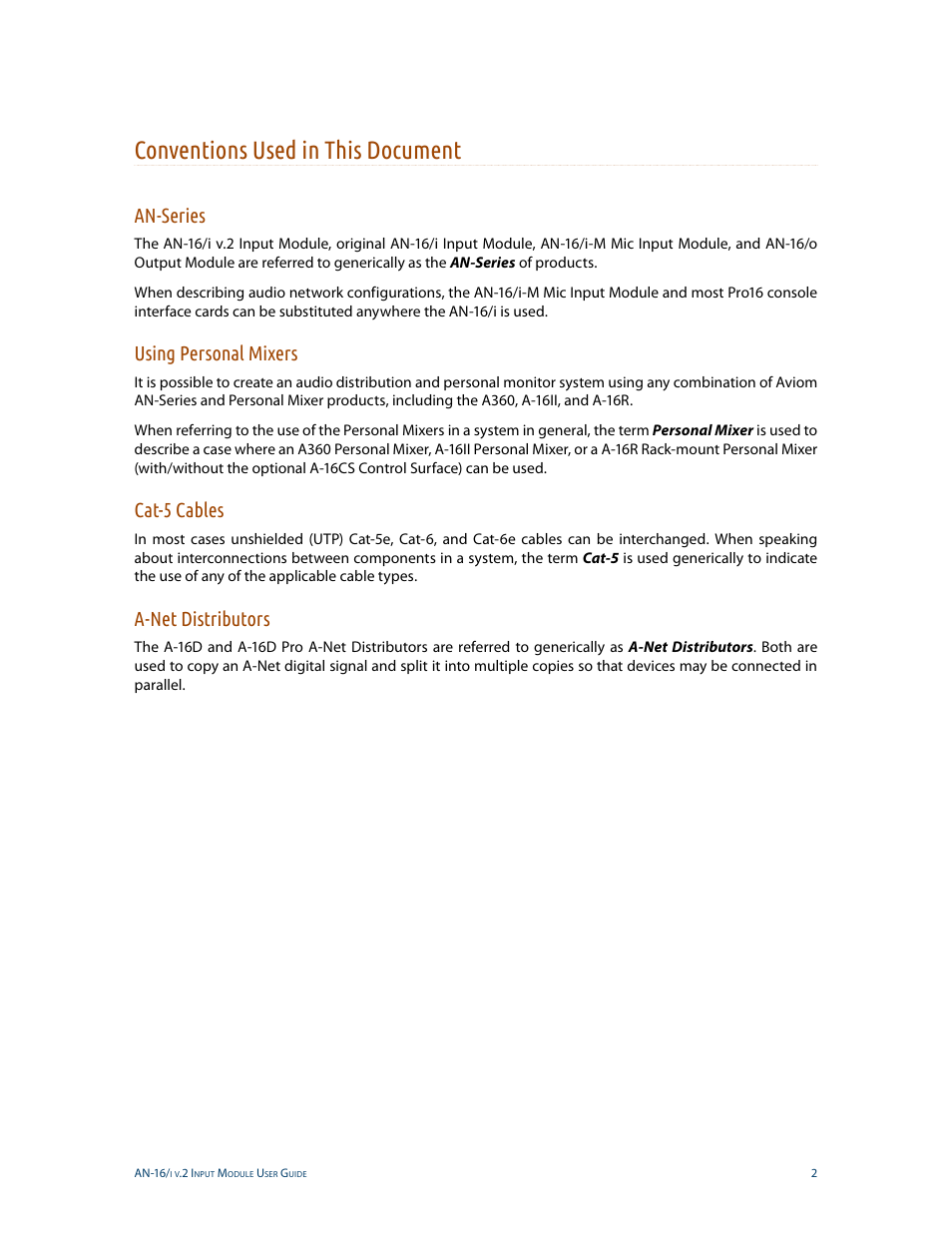 Conventions used in this document, An-series, Using personal mixers | Cat-5 cables, A-net distributors | Aviom AN-16/i v.2 User Manual | Page 10 / 63