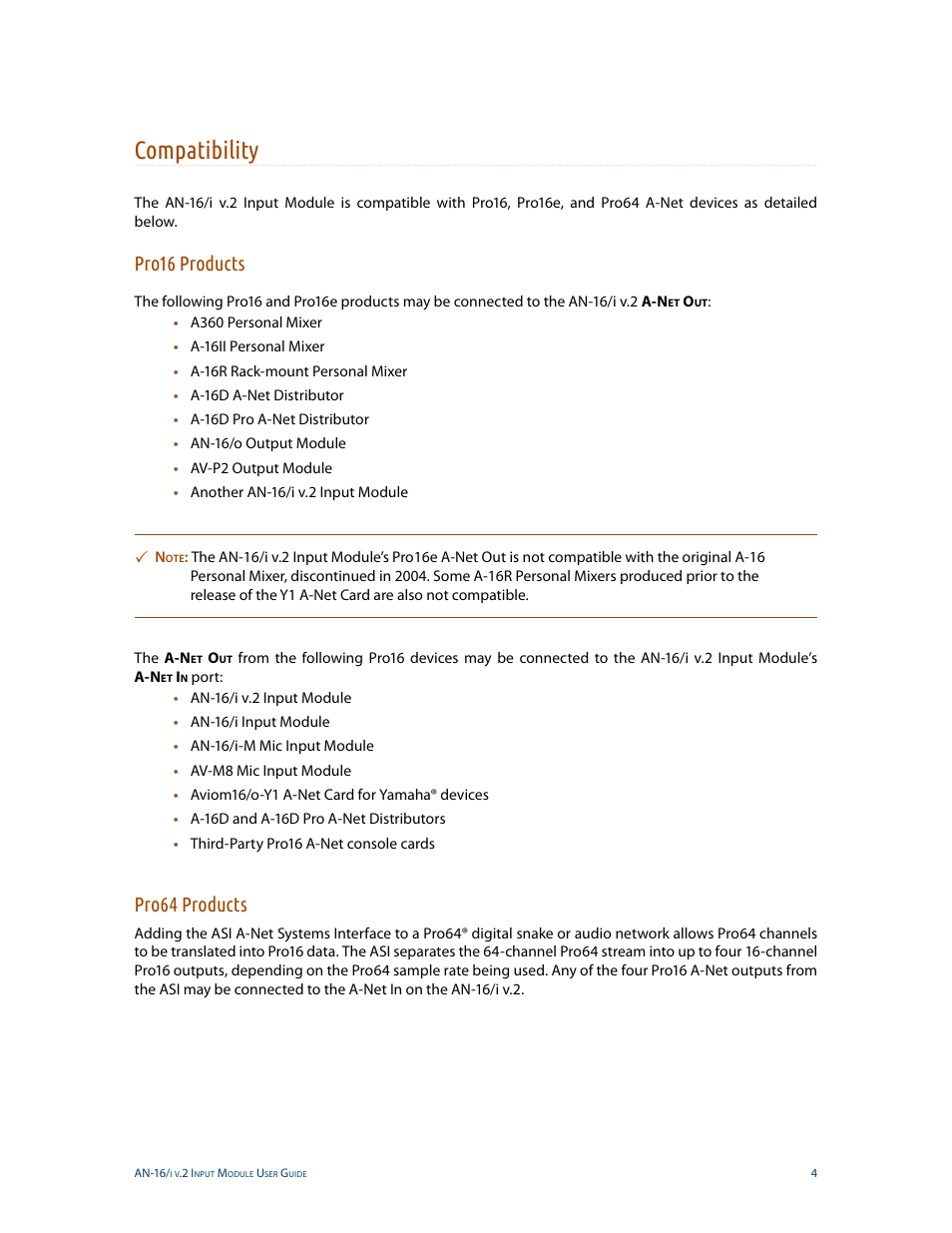 Compatibility, Pro16 products, Pro64 products | Pro16 products pro64 products | Aviom AN-16/i v.2 User Manual | Page 12 / 63