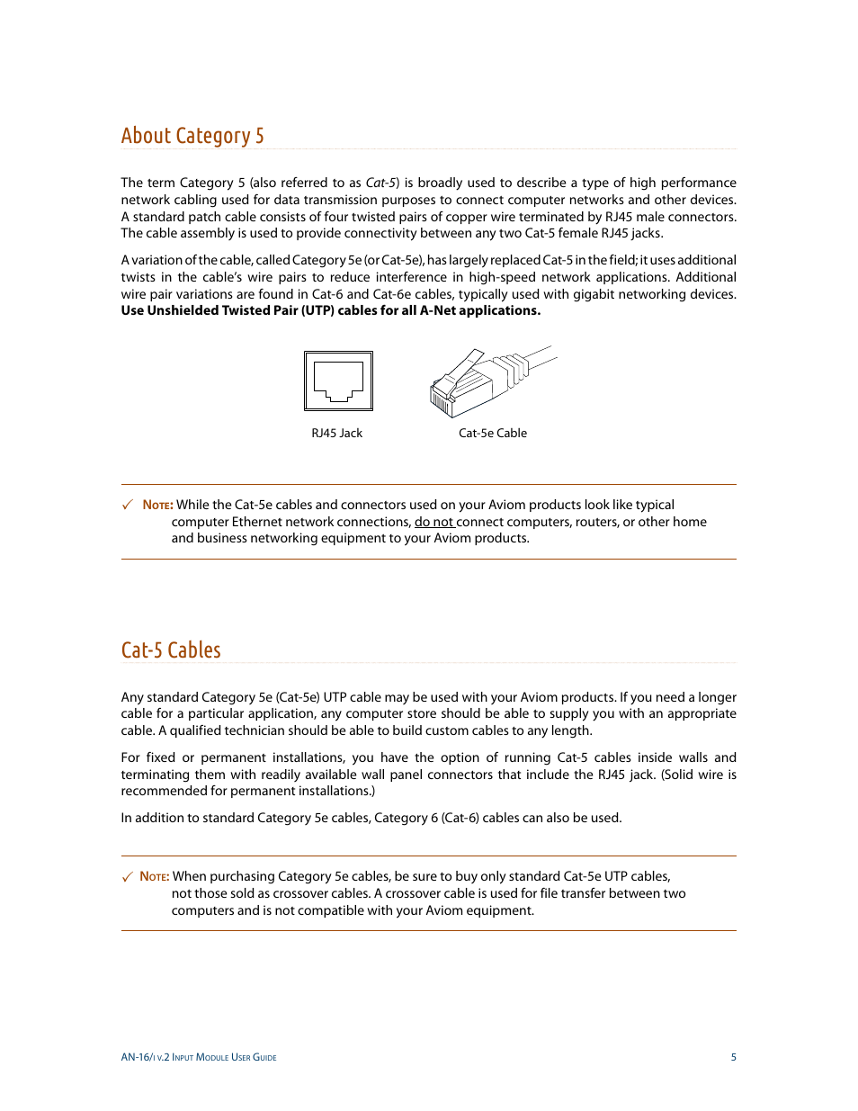 About category 5, Cat-5 cables, About category 5 cat-5 cables | Aviom AN-16/i v.2 User Manual | Page 13 / 63