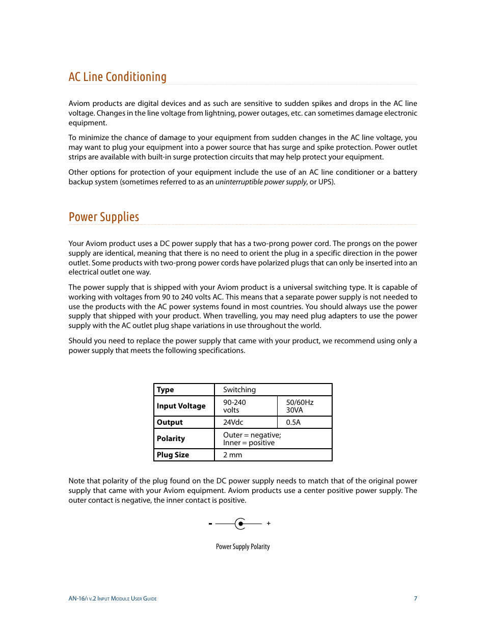 Ac line conditioning, Power supplies, Ac line conditioning power supplies | Aviom AN-16/i v.2 User Manual | Page 15 / 63