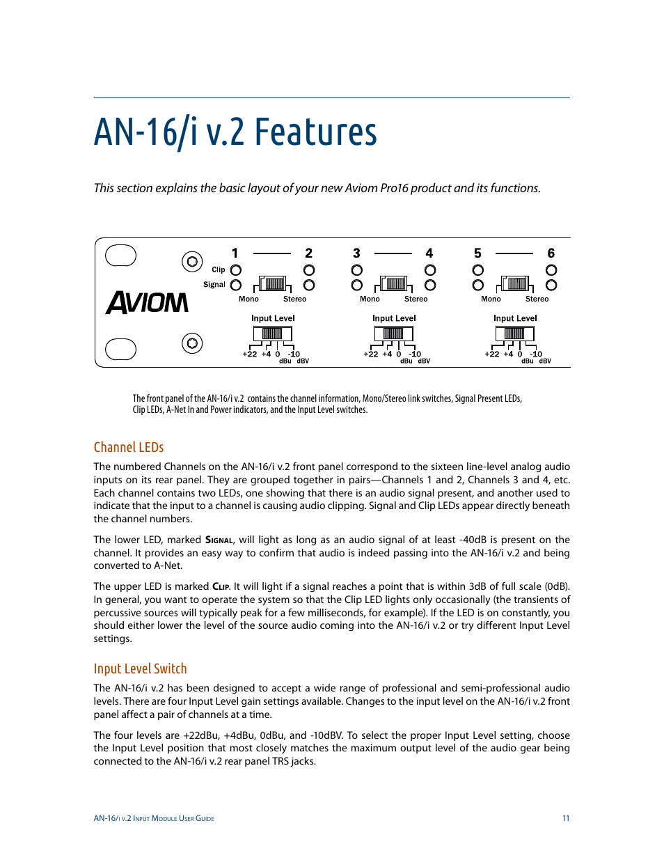 An-16/i v.2 features, Channel leds, Input level switch | Channel leds input level switch | Aviom AN-16/i v.2 User Manual | Page 19 / 63