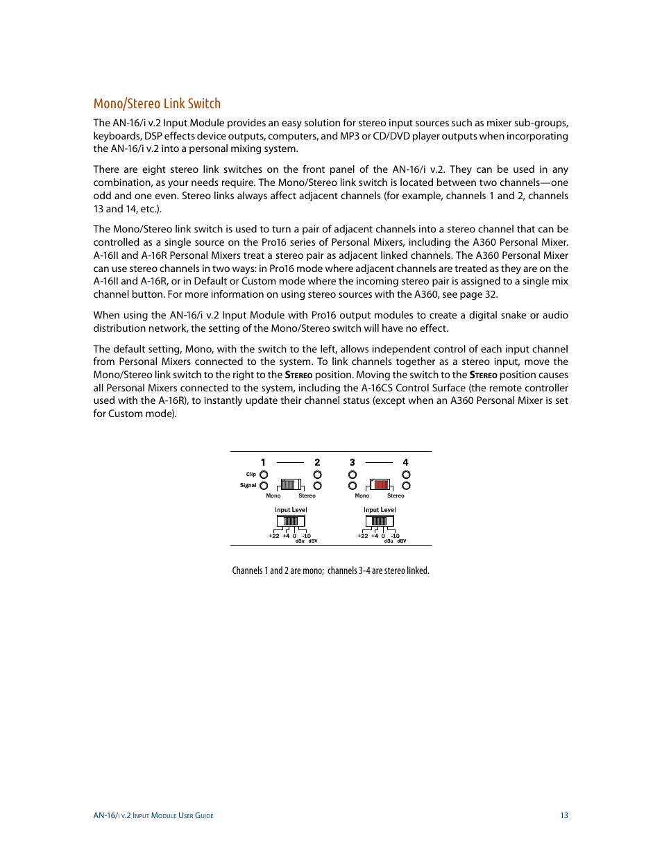 Mono/stereo link switch | Aviom AN-16/i v.2 User Manual | Page 21 / 63