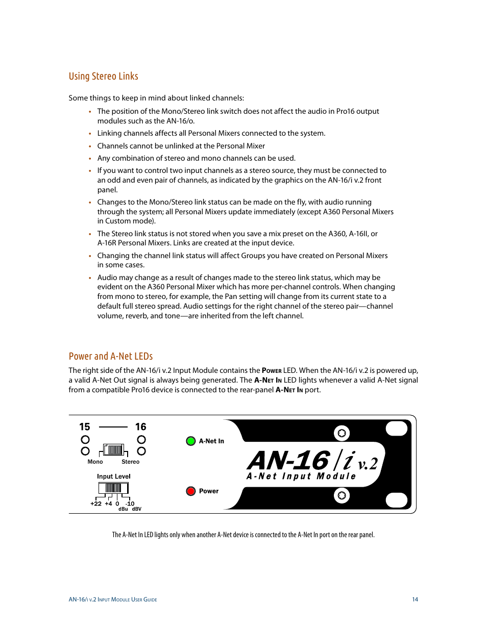 Using stereo links, Power and a-net leds, Using stereo links power and a-net leds | Aviom AN-16/i v.2 User Manual | Page 22 / 63