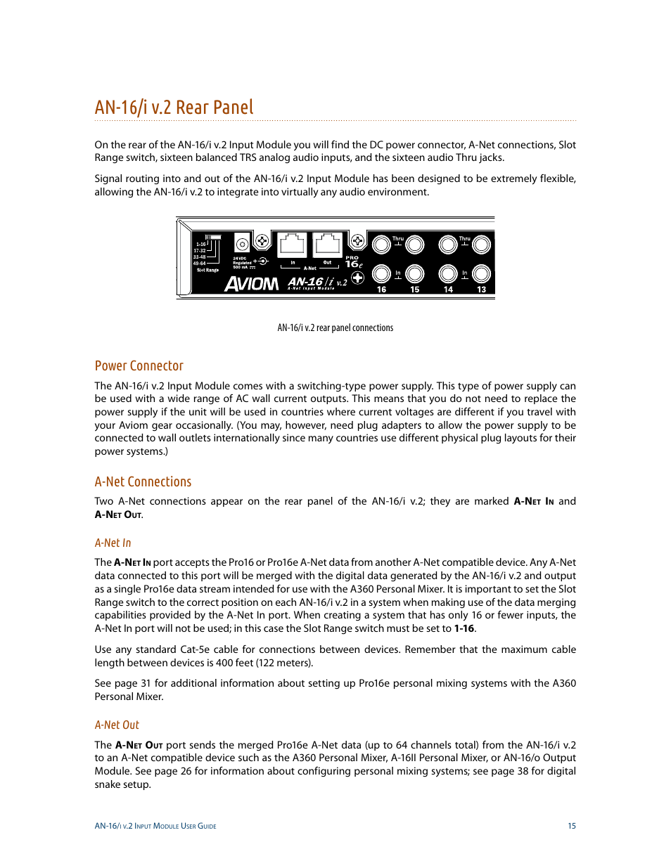 Power connector, A-net connections, A-net in | A-net out, Power connector a-net connections, A-net in a-net out, An-16/i v.2 rear panel | Aviom AN-16/i v.2 User Manual | Page 23 / 63