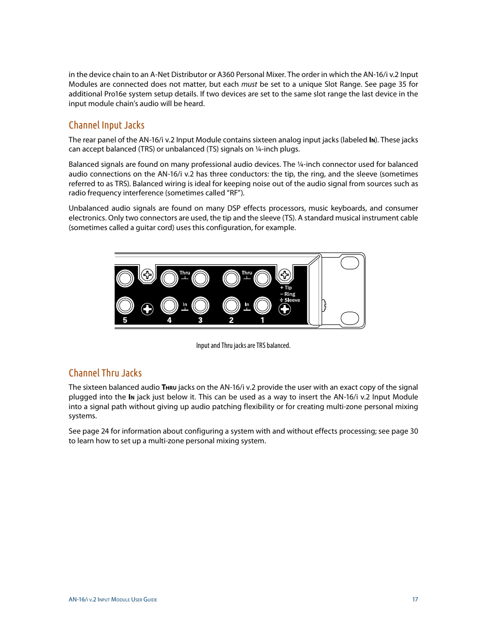 Channel input jacks, Channel thru jacks, Channel input jacks channel thru jacks | Aviom AN-16/i v.2 User Manual | Page 25 / 63