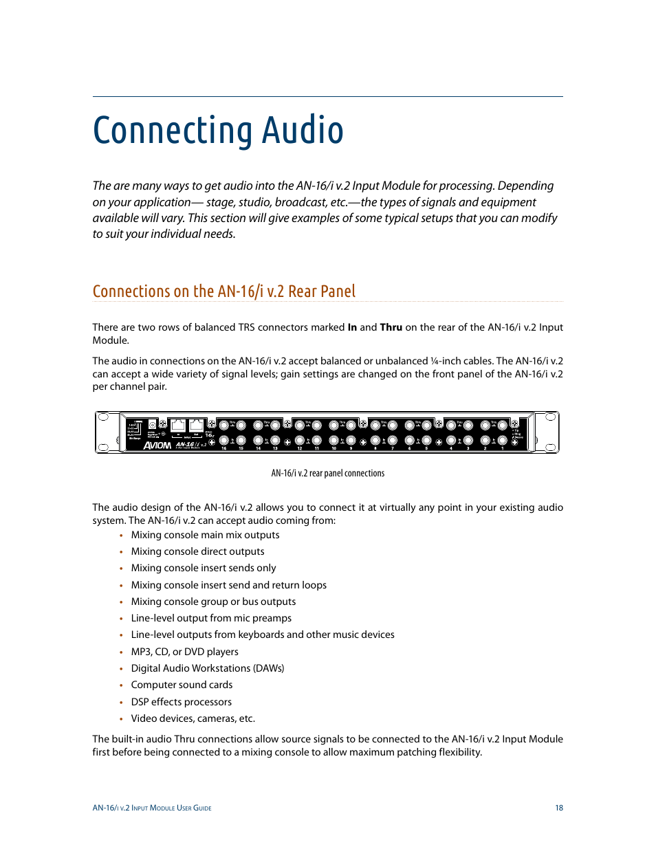 Connecting audio, Connections on the an-16/i v.2 rear panel | Aviom AN-16/i v.2 User Manual | Page 26 / 63