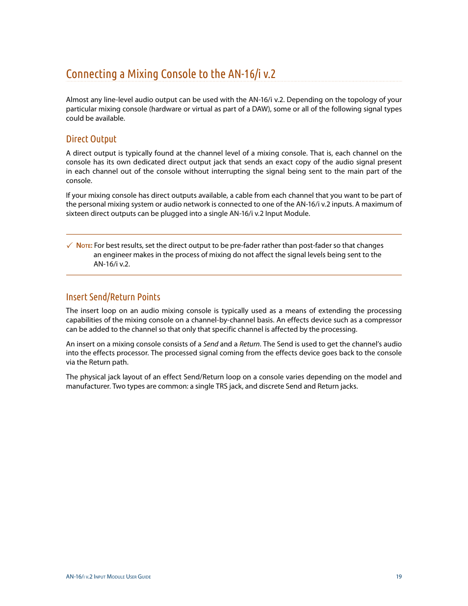 Connecting a mixing console to the an-16/i v.2, Direct output, Insert send/return points | Aviom AN-16/i v.2 User Manual | Page 27 / 63