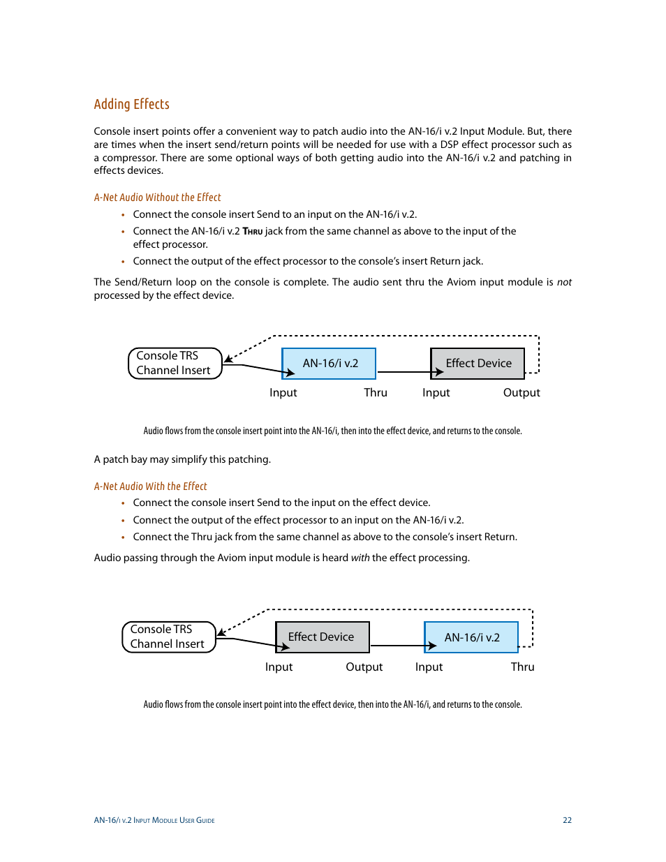 Adding effects, A-net audio without the effect, A-net audio with the effect | Aviom AN-16/i v.2 User Manual | Page 30 / 63