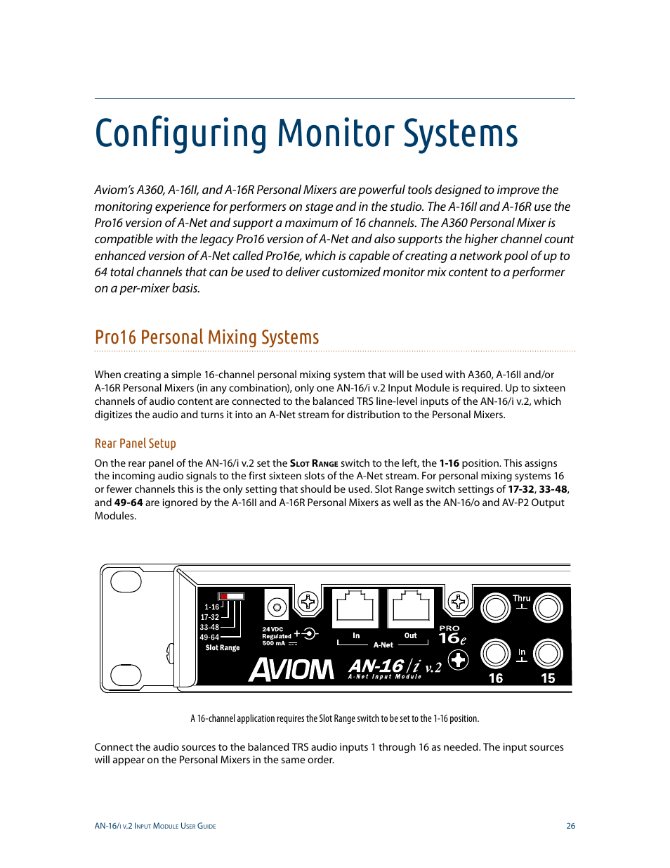 Configuring monitor systems, Pro16 personal mixing systems, Rear panel setup | Aviom AN-16/i v.2 User Manual | Page 34 / 63