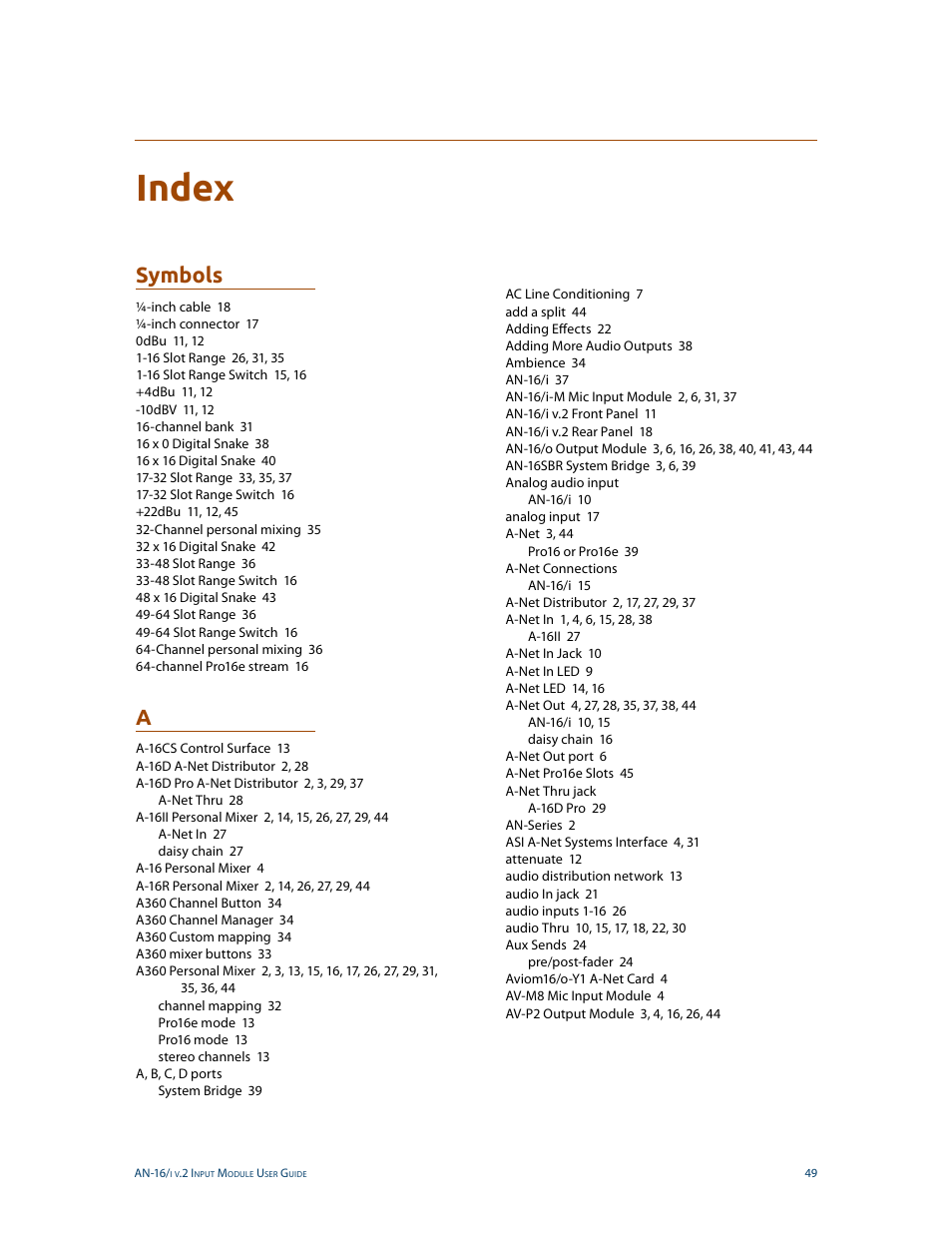 Index, Symbols | Aviom AN-16/i v.2 User Manual | Page 57 / 63