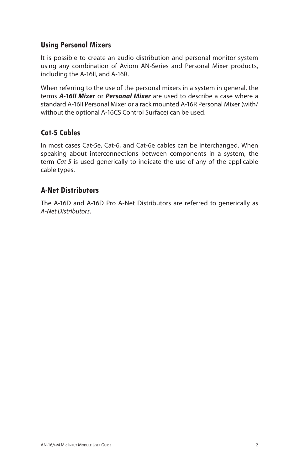 Using personal mixers, Cat-5 cables, A-net distributors | Aviom AN-16/i-M User Manual | Page 10 / 58