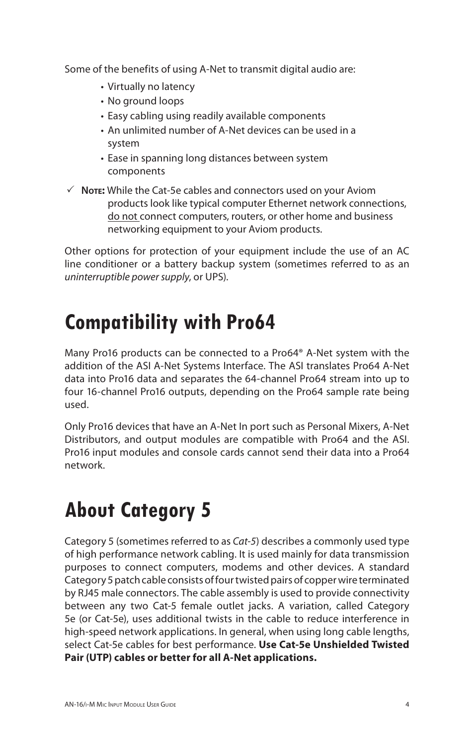 Compatibility with pro64, About category 5 | Aviom AN-16/i-M User Manual | Page 12 / 58