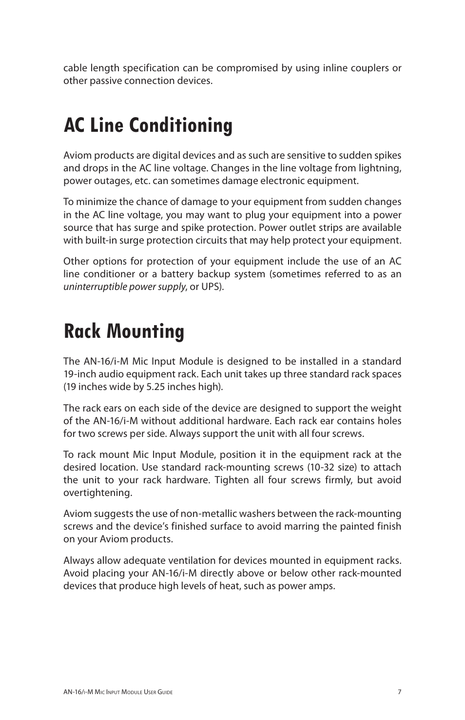 Ac line conditioning, Rack mounting | Aviom AN-16/i-M User Manual | Page 15 / 58