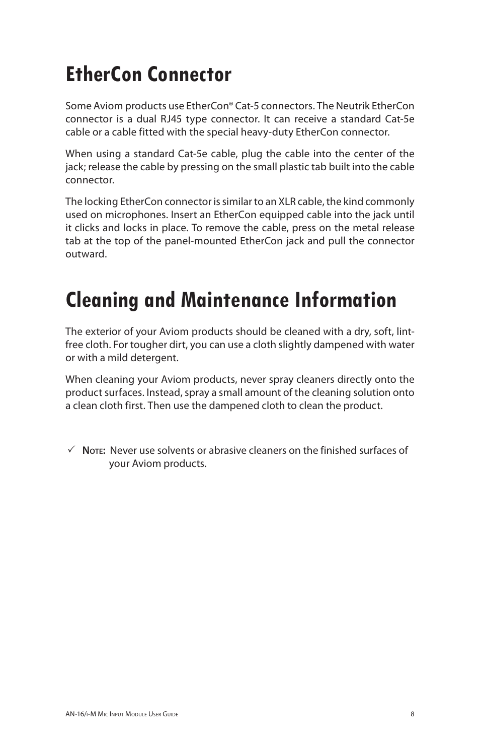 Ethercon connector, Cleaning and maintenance information | Aviom AN-16/i-M User Manual | Page 16 / 58