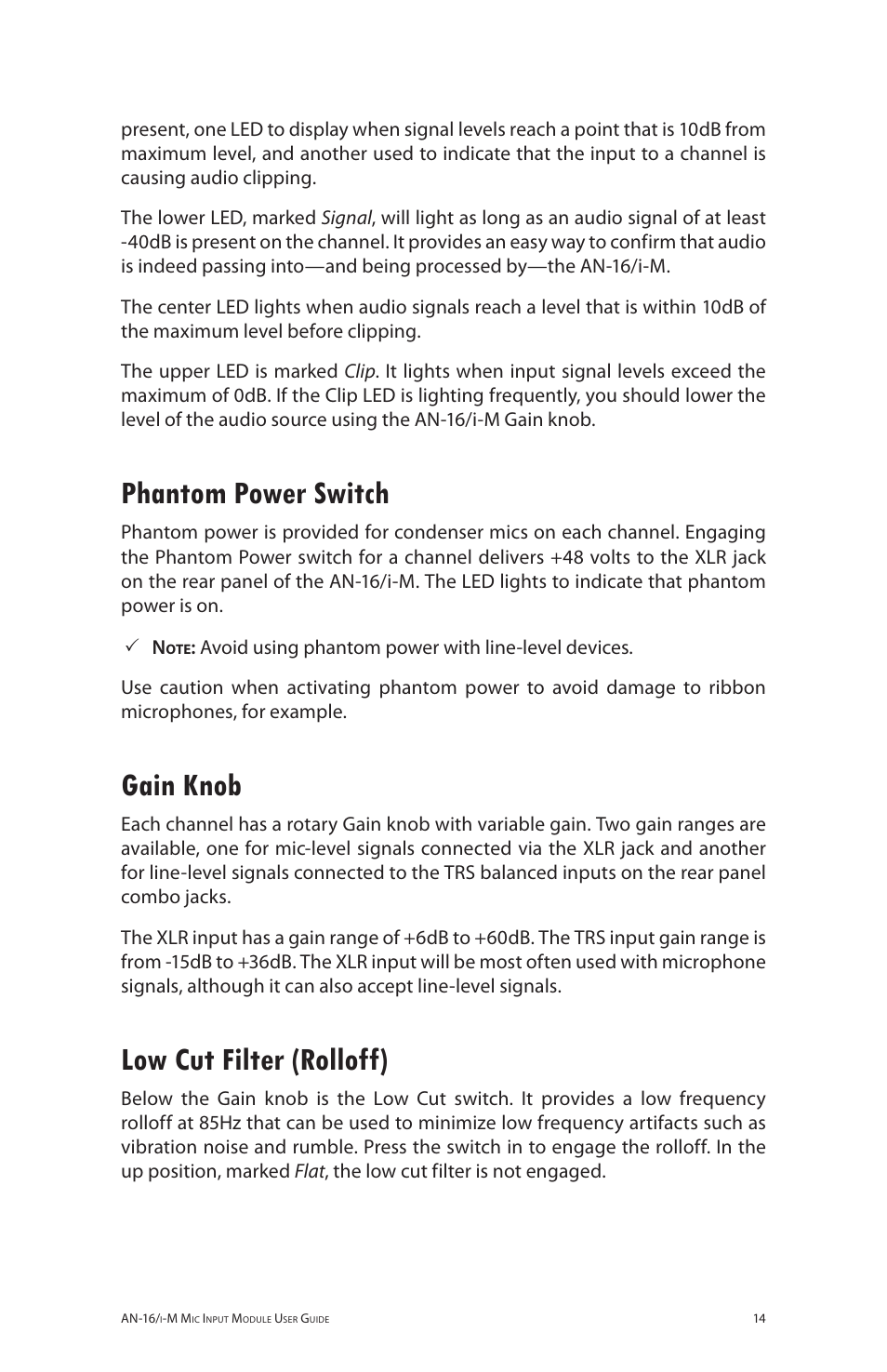Phantom power switch, Gain knob, Low cut filter (rolloff) | Aviom AN-16/i-M User Manual | Page 22 / 58