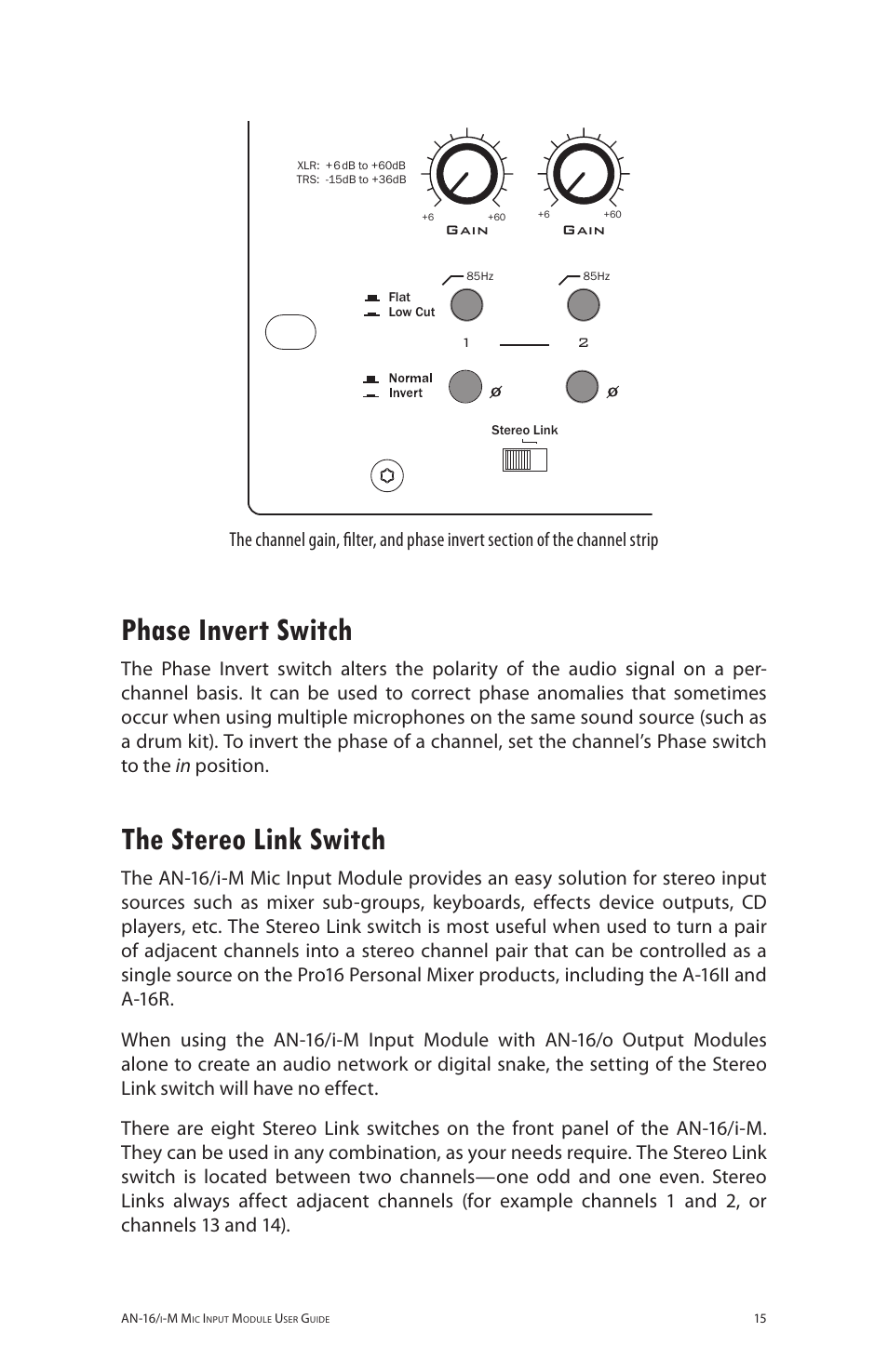 Phase invert switch, The stereo link switch, Phase invert switch the stereo link switch | Aviom AN-16/i-M User Manual | Page 23 / 58