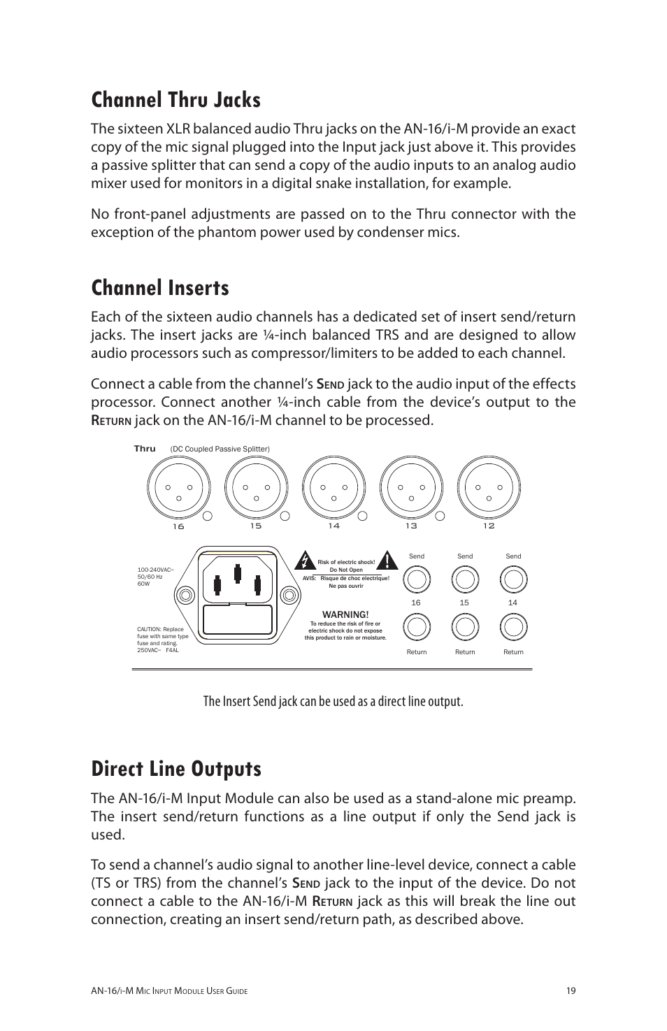 Channel thru jacks, Channel inserts, Direct line outputs | Jack on the an‑16/i‑m channel to be processed | Aviom AN-16/i-M User Manual | Page 27 / 58