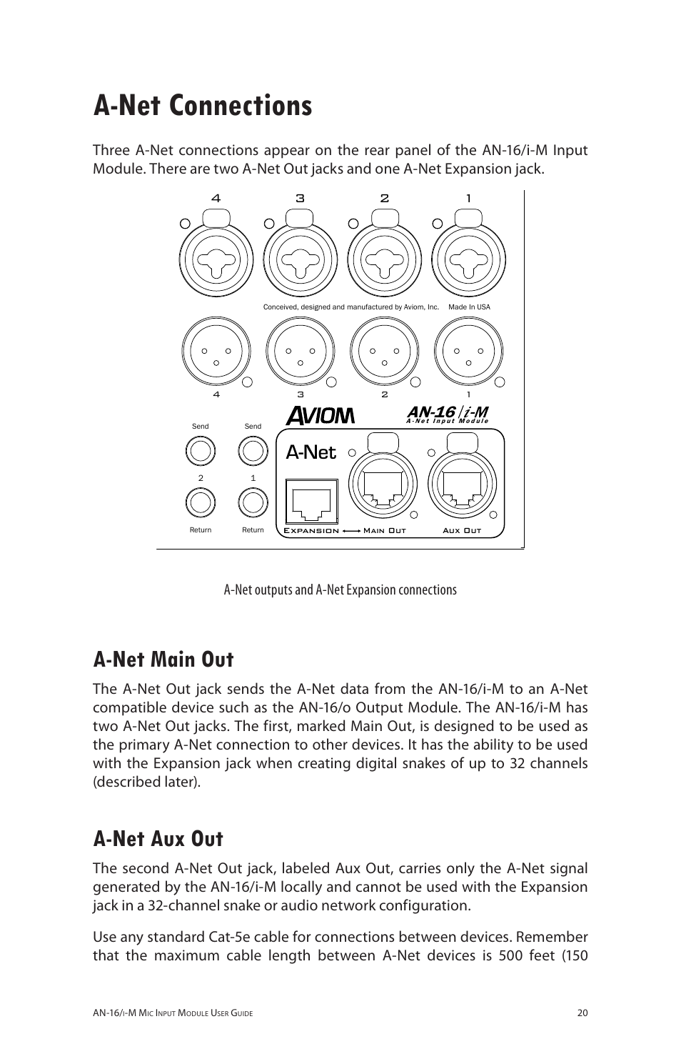 A-net connections, A-net main out, A-net aux out | A‑net main out a‑net aux out, A-net, An-16, A-net outputs and a-net expansion connections | Aviom AN-16/i-M User Manual | Page 28 / 58