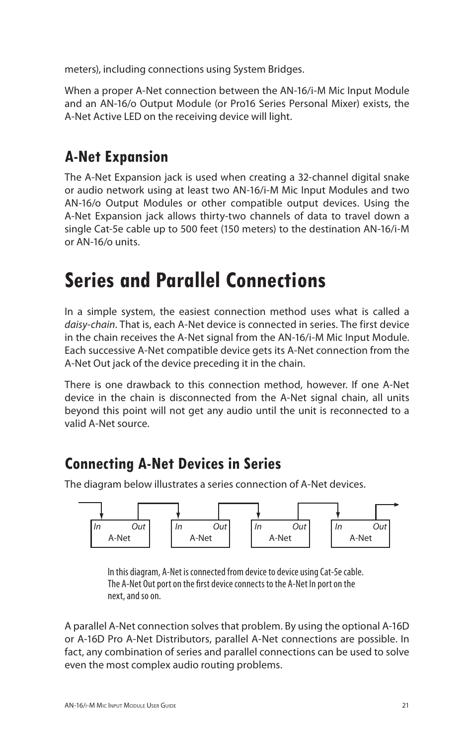 A-net expansion, Series and parallel connections, Connecting a-net devices in series | A‑net expansion, Connecting a‑net devices in series | Aviom AN-16/i-M User Manual | Page 29 / 58
