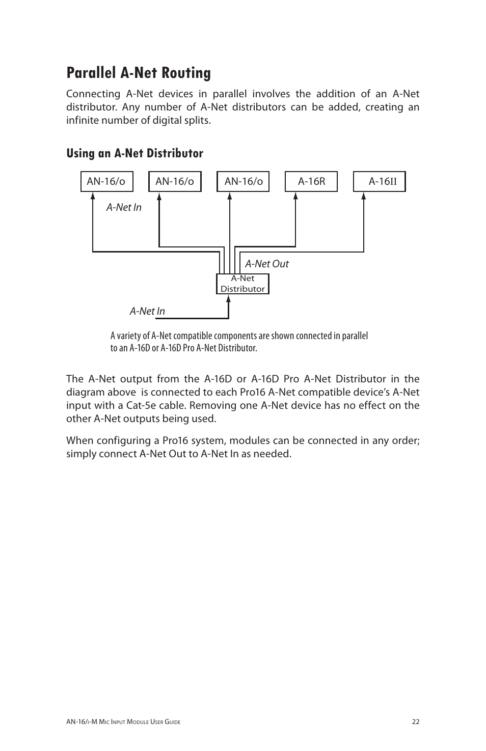 Parallel a-net routing, Using an a-net distributor, Parallel a‑net routing | Using an a‑net distributor | Aviom AN-16/i-M User Manual | Page 30 / 58