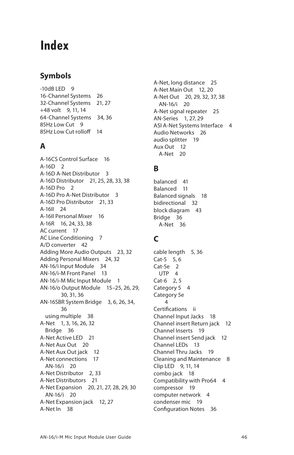 Index, Symbols | Aviom AN-16/i-M User Manual | Page 54 / 58