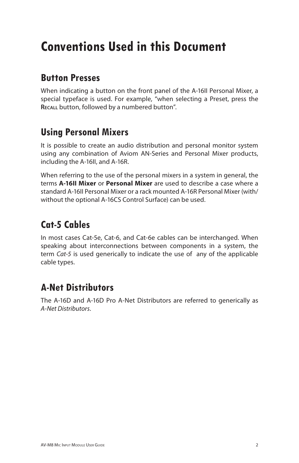 Conventions used in this document, Button presses, Using personal mixers | Cat-5 cables, A-net distributors | Aviom AV-M8 User Manual | Page 10 / 57