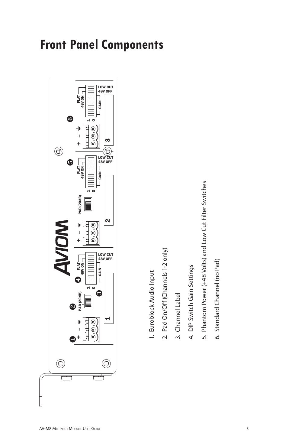 Front panel components, Av -m 8 | Aviom AV-M8 User Manual | Page 11 / 57