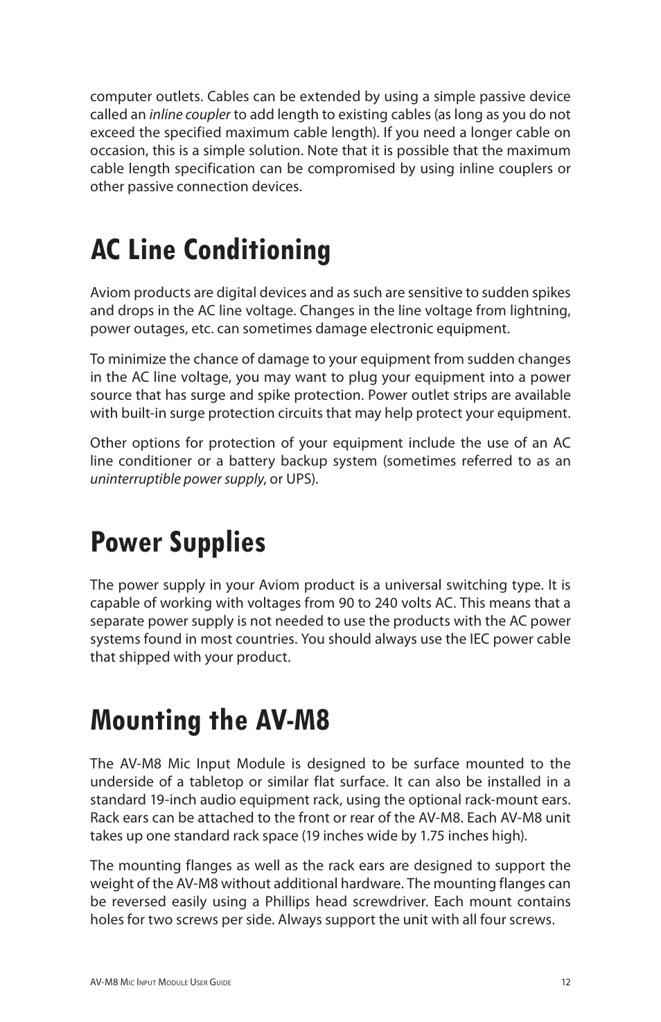 Ac line conditioning, Power supplies, Mounting the av-m8 | Aviom AV-M8 User Manual | Page 20 / 57