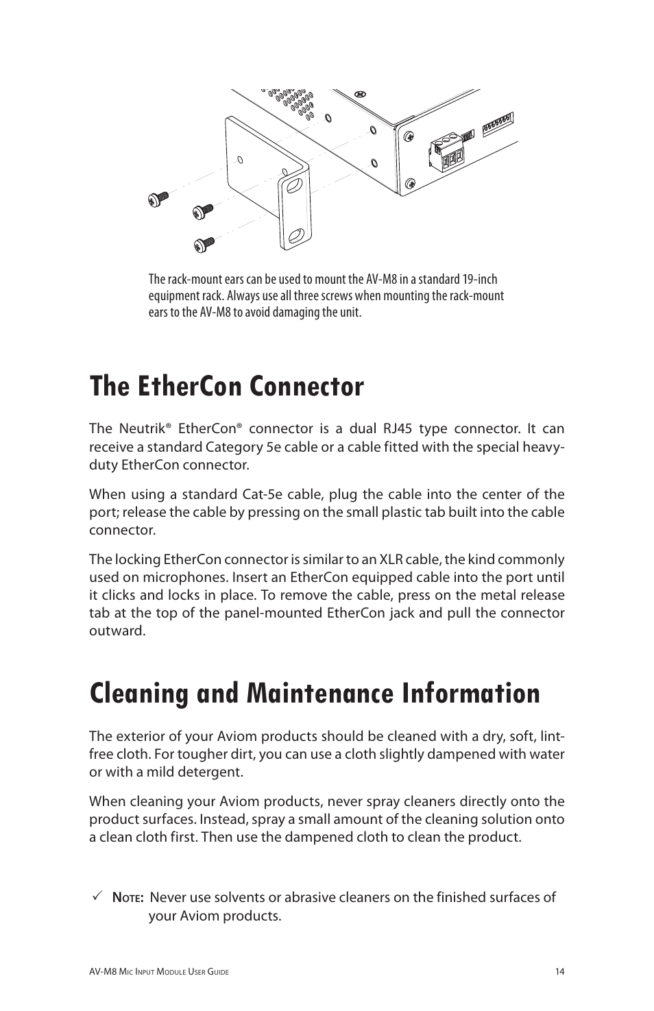 The ethercon connector, Cleaning and maintenance information | Aviom AV-M8 User Manual | Page 22 / 57